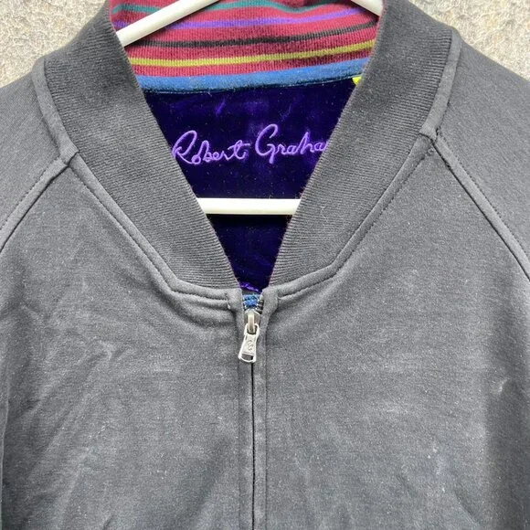 Robert Graham Bomber Jacket Men Large Black Purple Full Zip Classic Fleece Rare - Picture 6 of 13